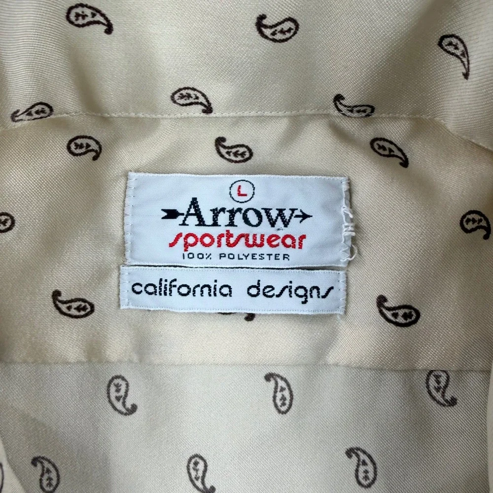 Vintage Arrow Sportswear Shirt Mens Large Beige Paisley 70s Loop Collar‎ Camp